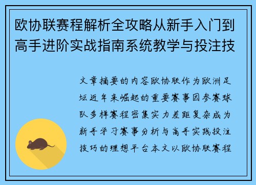 欧协联赛程解析全攻略从新手入门到高手进阶实战指南系统教学与投注技巧